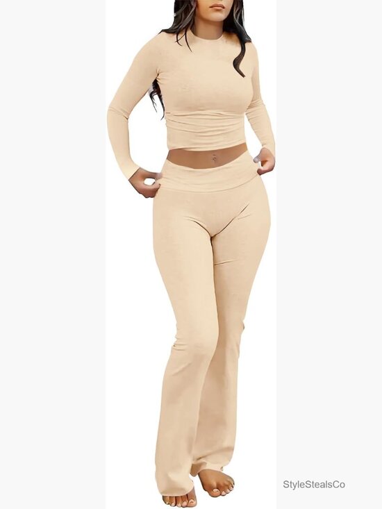 Pants - 2 Piece Lounge Outfits Slim Long Sleeve Top High Waist Foldover Flare Leggings
